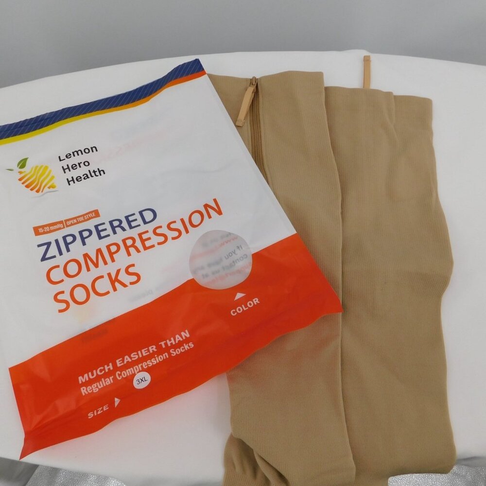 Lemon Hero Health 15-20mmHg Open Toe Zippered Compression Socks 3XL Beige OPEN